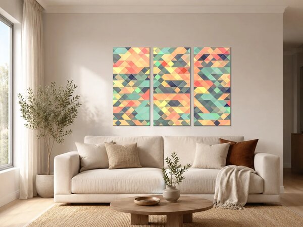 Pastelová geometrická mozaika – Třídílný obraz A, 90 × 60 cm