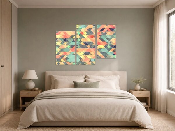Pastelová geometrická mozaika – Třídílný obraz C, 90 × 60 cm