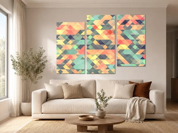 Pastelová geometrická mozaika – Třídílný obraz C, 120 × 80 cm