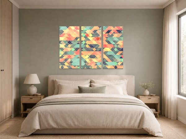 Pastelová geometrická mozaika – Třídílný obraz A, 90 × 60 cm