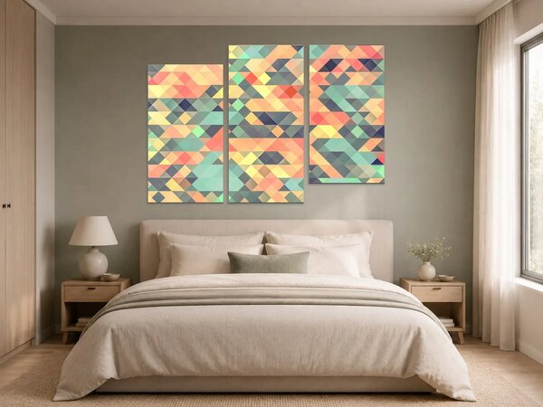 Pastelová geometrická mozaika – Třídílný obraz C, 120 × 80 cm