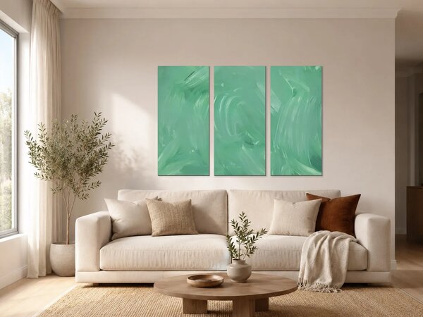 Abstraktní tahy v mátově zelené – Třídílný obraz A, 90 × 60 cm