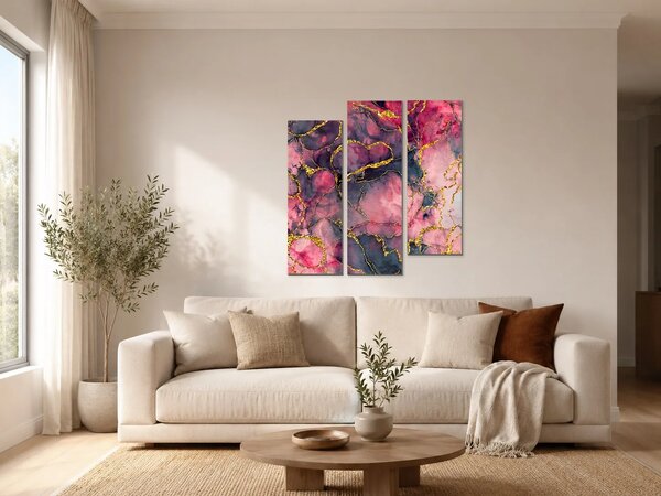 Abstraktní mramor v růžové a zlaté – Třídílný obraz C, 90 × 90 cm