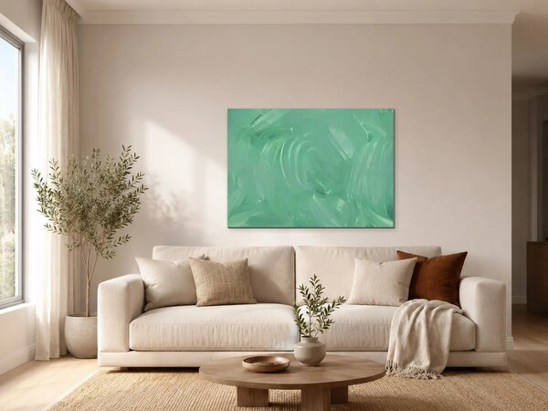 Abstraktní tahy v mátově zelené – Jednodílný obraz, 70 × 50 cm