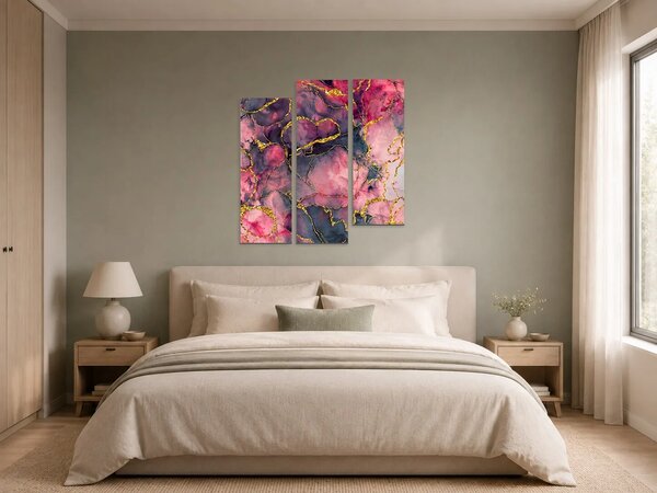 Abstraktní mramor v růžové a zlaté – Třídílný obraz C, 90 × 90 cm