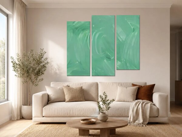 Abstraktní tahy v mátově zelené – Třídílný obraz C, 120 × 100 cm