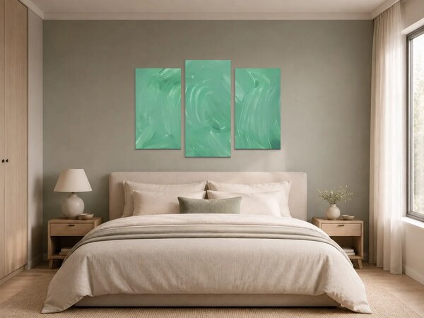 Abstraktní tahy v mátově zelené – Třídílný obraz B, 90 × 60 cm