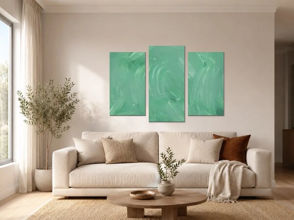 Abstraktní tahy v mátově zelené – Třídílný obraz B, 90 × 60 cm
