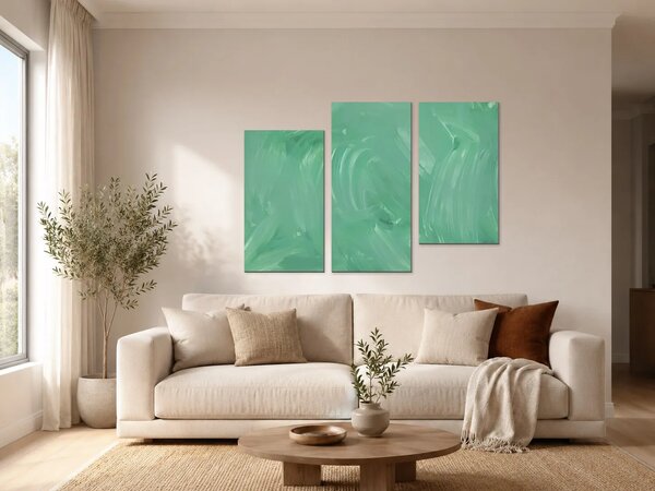Abstraktní tahy v mátově zelené – Třídílný obraz C, 90 × 60 cm