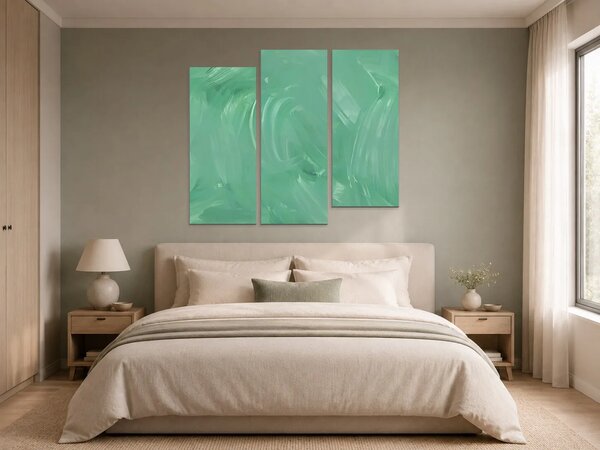Abstraktní tahy v mátově zelené – Třídílný obraz C, 120 × 100 cm