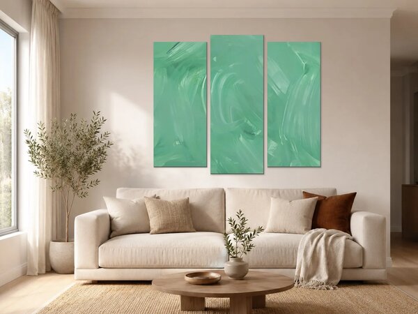 Abstraktní tahy v mátově zelené – Třídílný obraz B, 120 × 80 cm