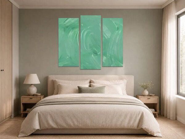 Abstraktní tahy v mátově zelené – Třídílný obraz B, 120 × 80 cm