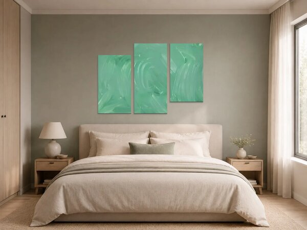 Abstraktní tahy v mátově zelené – Třídílný obraz C, 90 × 60 cm