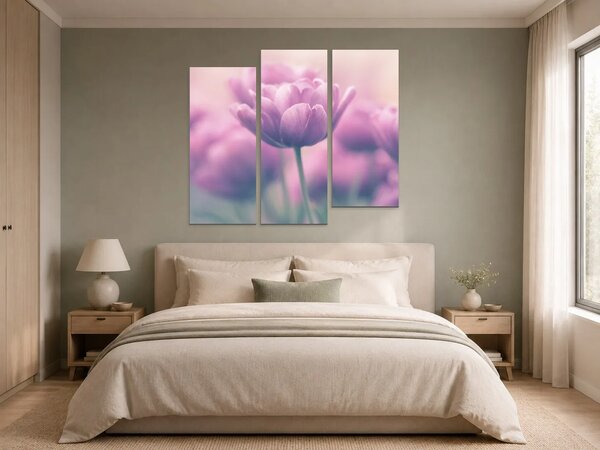 Růžové tulipány v jemném oparu – Třídílný obraz C, 150 × 100 cm