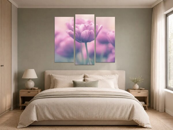 Růžové tulipány v jemném oparu – Třídílný obraz B, 120 × 100 cm