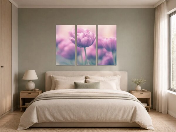 Růžové tulipány v jemném oparu – Třídílný obraz A, 90 × 60 cm