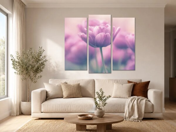 Růžové tulipány v jemném oparu – Třídílný obraz B, 120 × 100 cm
