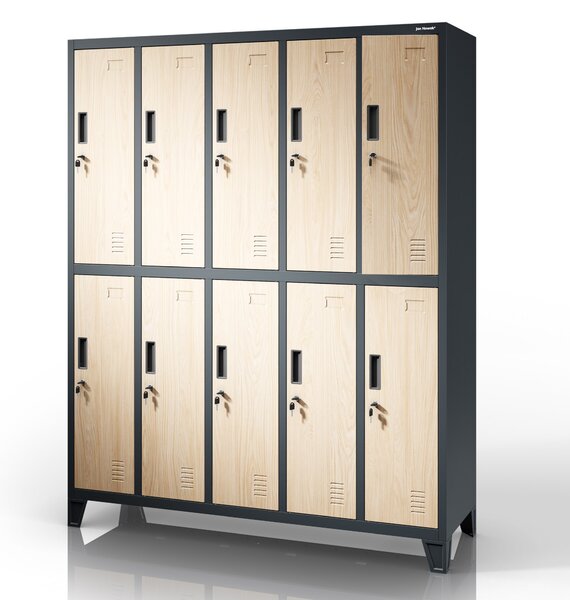 Šatní skříň BOZP 10-dveřová antracitová / dub sonoma: Eco Design BARTEK 1360 x 1720 x 450 mm