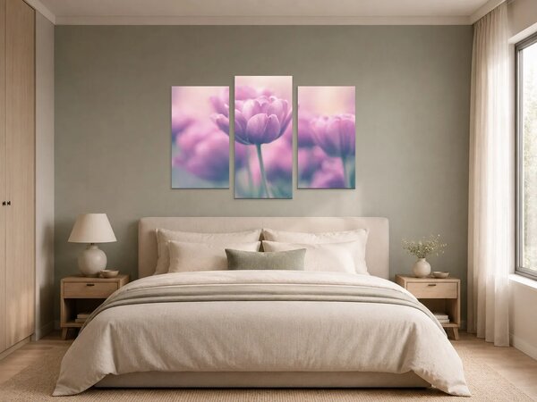 Růžové tulipány v jemném oparu – Třídílný obraz B, 90 × 60 cm