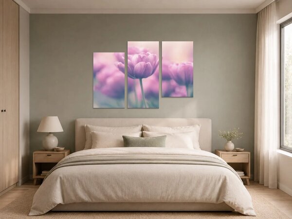 Růžové tulipány v jemném oparu – Třídílný obraz C, 90 × 60 cm