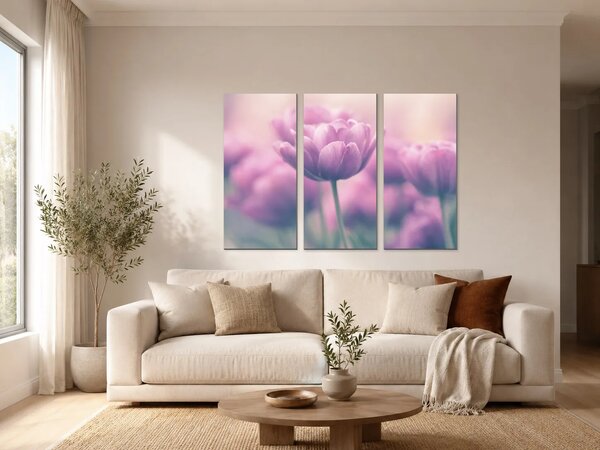 Růžové tulipány v jemném oparu – Třídílný obraz A, 90 × 60 cm