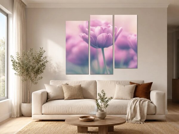 Růžové tulipány v jemném oparu – Třídílný obraz C, 150 × 100 cm