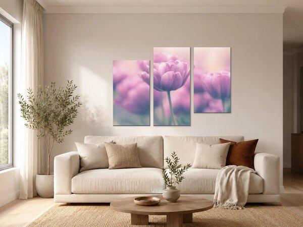 Růžové tulipány v jemném oparu – Třídílný obraz C, 90 × 60 cm