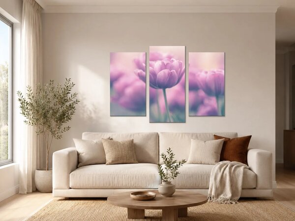 Růžové tulipány v jemném oparu – Třídílný obraz B, 90 × 60 cm