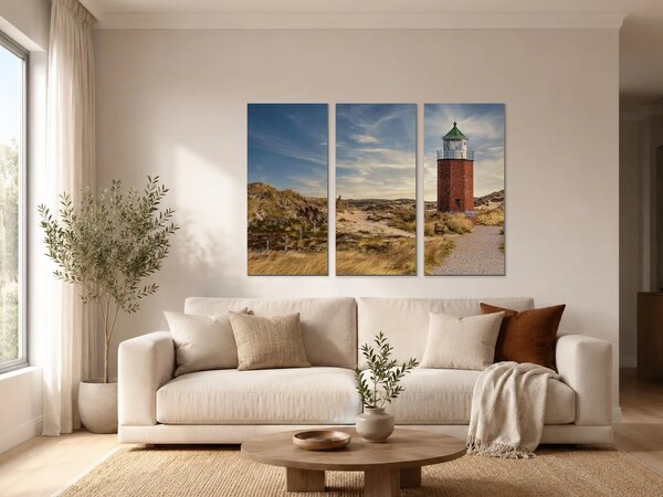 Maják v písečných dunách – Třídílný obraz A, 90 × 60 cm