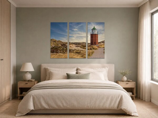 Maják v písečných dunách – Třídílný obraz A, 90 × 60 cm