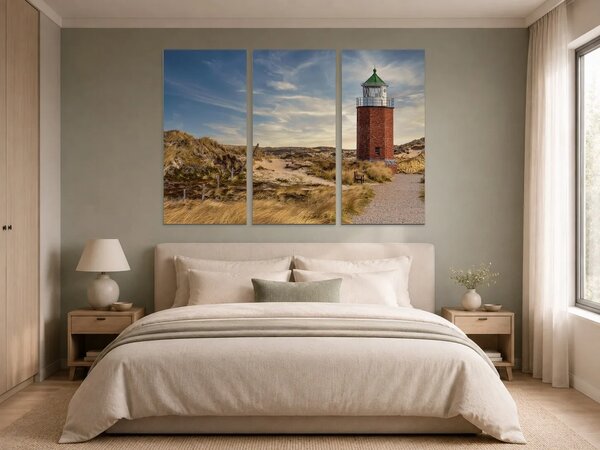 Maják v písečných dunách – Třídílný obraz A, 120 × 80 cm