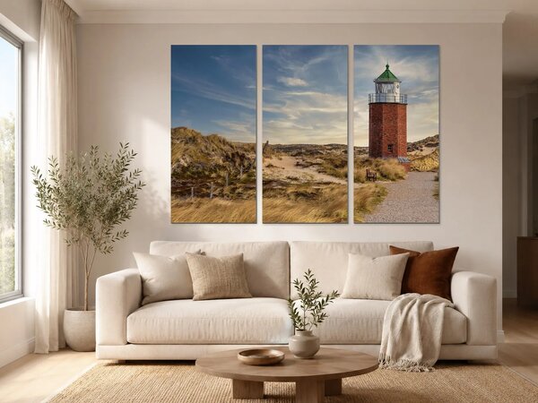 Maják v písečných dunách – Třídílný obraz A, 120 × 80 cm