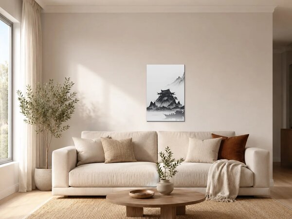 Chrám v mlžných horách – Jednodílný obraz, 40 × 60 cm