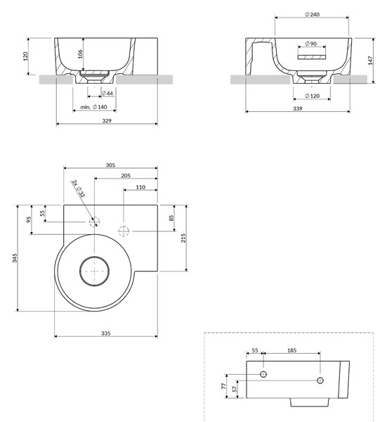 Omnires Ovo M+ umyvadlo 33x34 cm rohové klasický-na pult lesk OVO335UWLBP