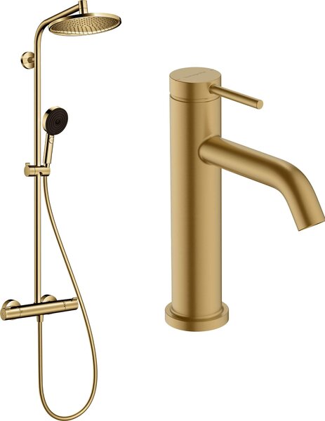 Hansgrohe Crometta sada koupelnových doplňků na stěnu s termostatem s dešťovou sprchou zlatá 88002389