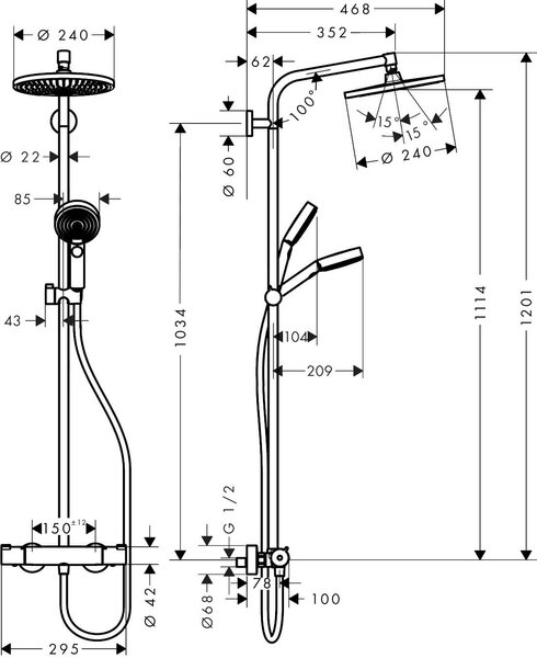Hansgrohe Crometta sada koupelnových doplňků na stěnu s termostatem s dešťovou sprchou zlatá 88002388