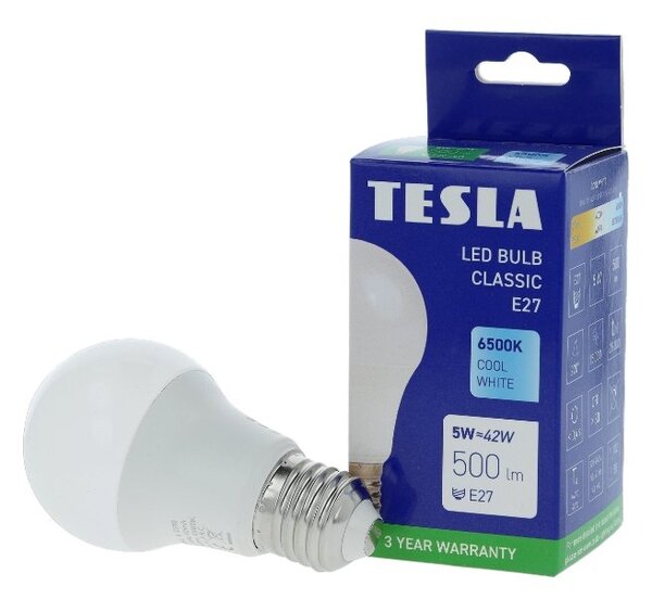 TESLA BL270560–8 - LED bulb žárovka E27, 5W, 500 lm, 6500K, studená bílá