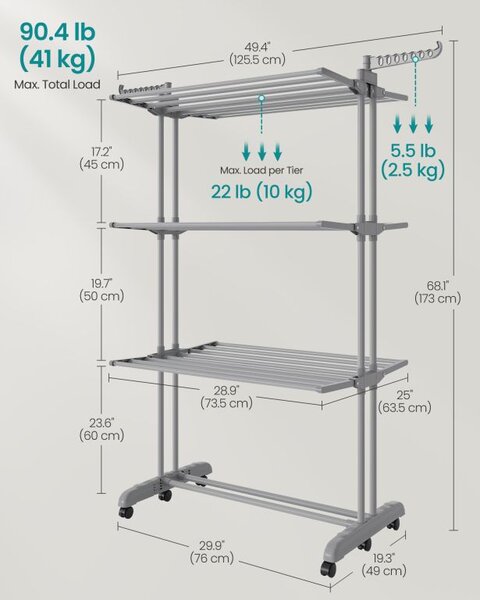 Velký sušák na prádlo 4 úrovně, 63,5x125,5x173 cm, pojízdný