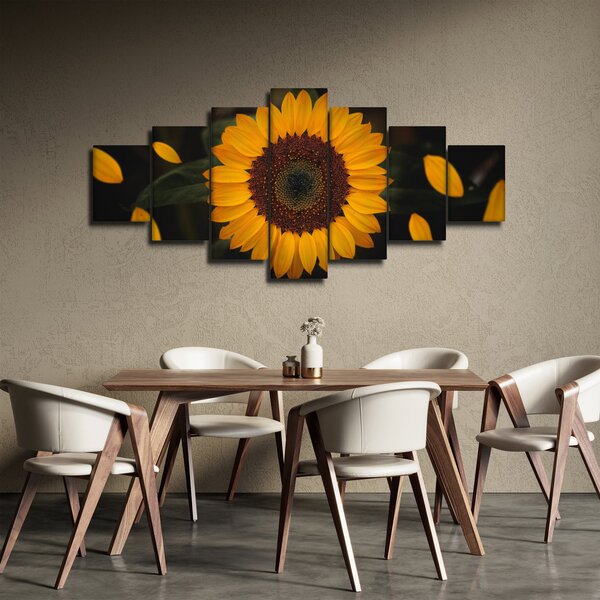 Obraz - Slunečnice a lístky květů (210x100 cm)