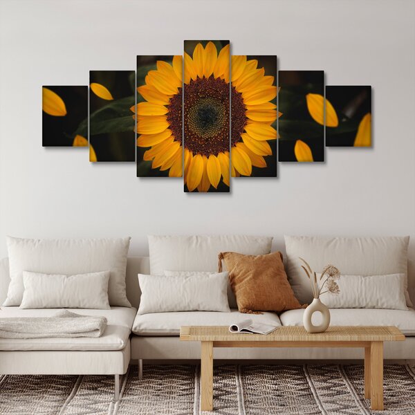 Obraz - Slunečnice a lístky květů (210x100 cm)
