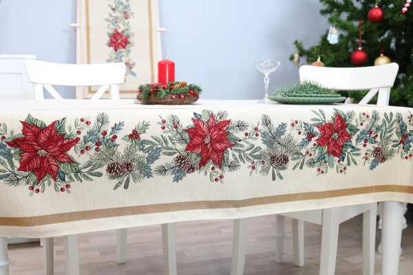 Vánoční ubrus s motivem Vánoční hvězda s šiškami 140x140 cm