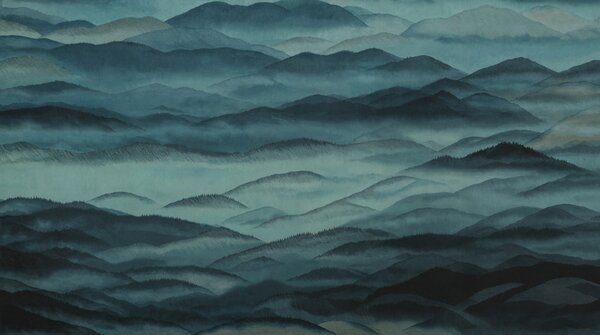 FUGU Luxusní designová tapeta mlhavé hory a krajina – Roerich Hills Materiál: Digitální eko vlies - klasická tapeta nesamolepicí
