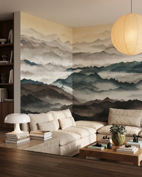 FUGU Luxusní designová tapeta mlhavé hory a panoramatická krajina – Roerich Light Materiál: Digitální eko vlies - klasická tapeta nesamolepicí