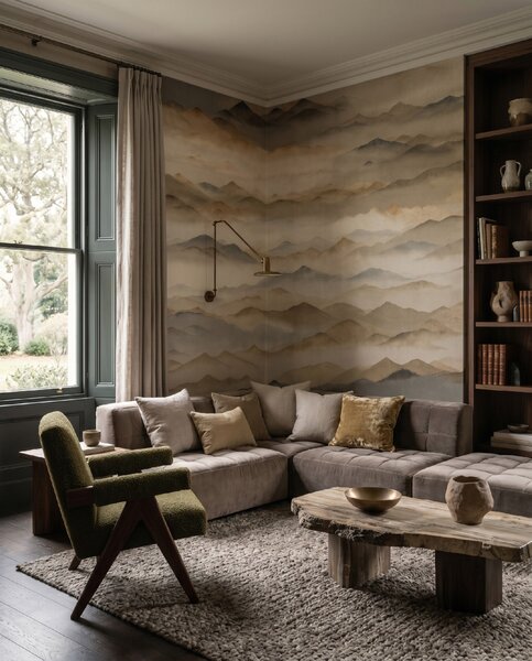 FUGU Luxusní designová tapeta mlhavé horské panorama v zemitých tónech – Roerich Twilight Materiál: Digitální eko vlies - klasická tapeta nesamolepicí
