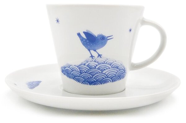 Porcelánový šálek Ateliér Dorda Na vlnách ptačí radosti, bílý, s podšálkem, český design, 240 ml