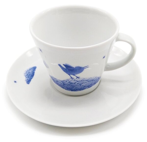 Porcelánový šálek Ateliér Dorda Na vlnách ptačí radosti, bílý, s podšálkem, český design, 240 ml