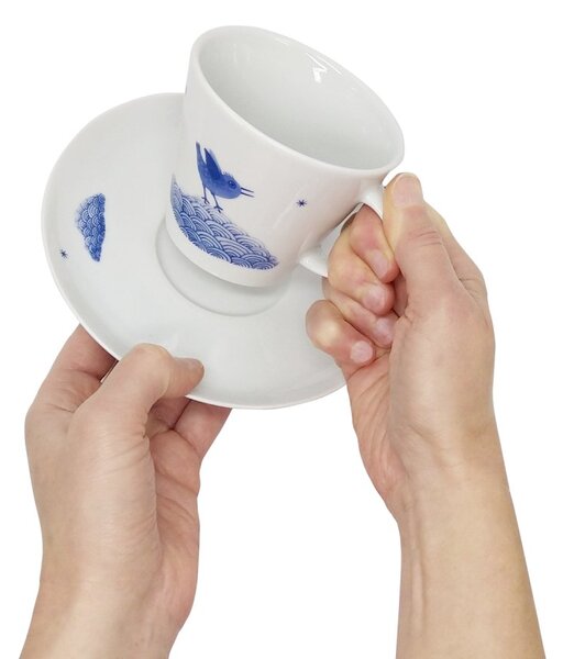 Porcelánový šálek Ateliér Dorda Na vlnách ptačí radosti, bílý, s podšálkem, český design, 240 ml