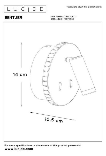 Lucide 79201/09/31 LED nástěnná lampička Bentjer 1x6W+1x3W | 350lm | 3000K - s vypínačem, bílé