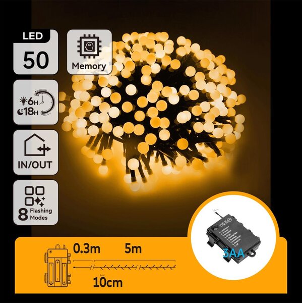 Aigostar - LED Venkovní řetěz 50xLED/8 funkcí 3xAA 5,3m IP44 teplá bílá