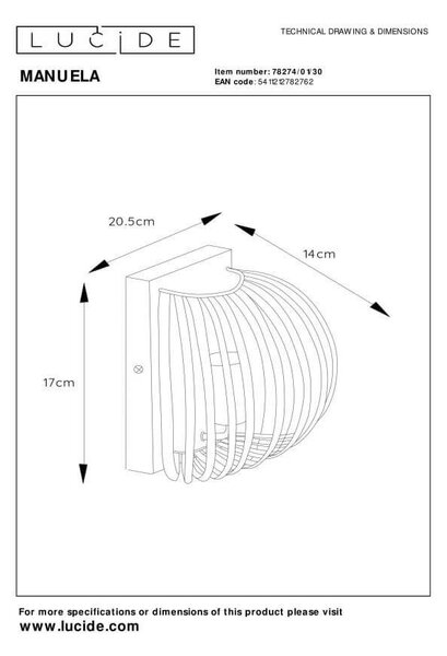 Lucide 78274/01/30 nástěnná lampa Manuela 1x40W | E14 - černá, kov, stmívatelná